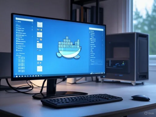 A computer setup featuring a monitor, keyboard, mouse, and desktop tower on a desk, with a window in the background.