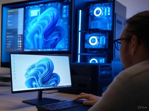 A person working at a desk with multiple monitors displaying Windows 11, in a high-tech, futuristic setup.
