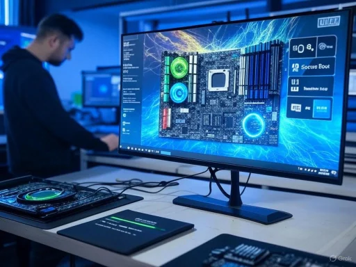 A technician monitors a futuristic computer motherboard and diagnostics on a large screen in a high-tech lab.
