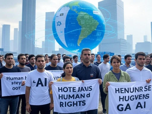 People protesting for human and AI rights against global digital and environmental issues in a cityscape.