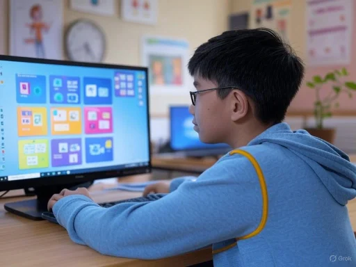 A student in a blue hoodie with yellow accents is working on a computer, focusing on a colorful application screen.
