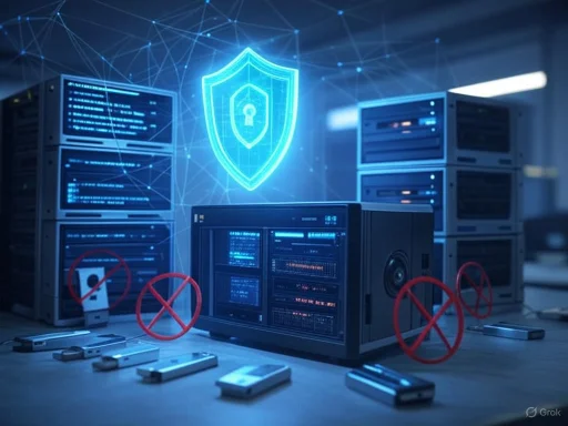 Server room with security icons, showing digital protection and cybersecurity concepts.