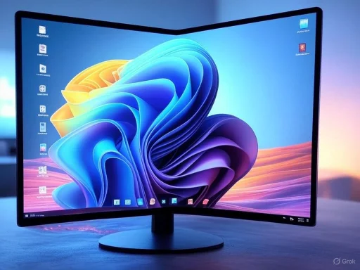 A curved computer monitor displaying a colorful abstract digital art background.