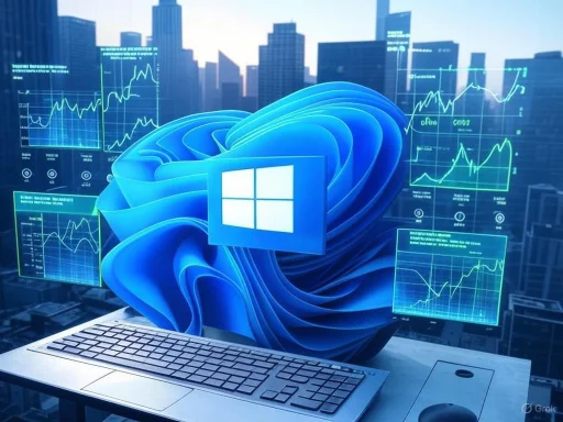Windows 11 logo emanates from a computer, surrounded by stock charts and a city skyline background.