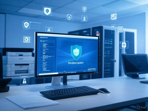 The image shows a cybersecurity or IT office environment with a computer displaying a Windows update screen and security icons floating around.