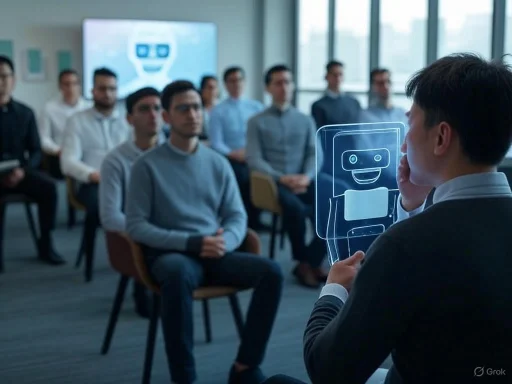 A man presenting a holographic robot to a group of attentive attendees in a modern conference room.