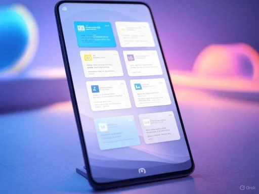 A smartphone displays a screen with multiple colorful app cards or notifications against a vibrant, softly lit background.