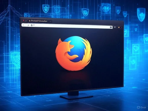 A computer monitor displaying the Firefox logo with a digital shield background.