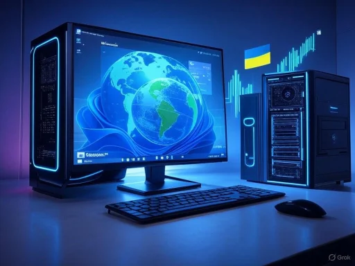 A futuristic computer setup with digital earth display and holographic data, illuminated in blue neon tones.
