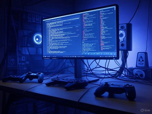 A gaming setup with a multi-monitor computer displaying code, surrounded by controllers and audio equipment in a dark, neon-lit room. A gaming setup with a multi-monitor computer displaying code, surrounded by controllers and audio equipment in a dark, neon-lit room.