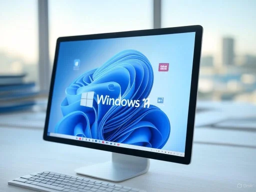 A computer monitor displaying the Windows 11 desktop with a keyboard in front on a white desk.