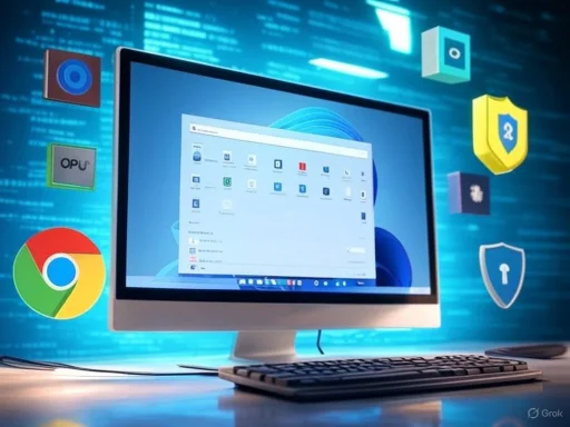 A computer monitor displays a software interface, surrounded by digital security icons and a Chrome browser logo. A computer monitor displays a software interface, surrounded by digital security icons and a Chrome browser logo.
