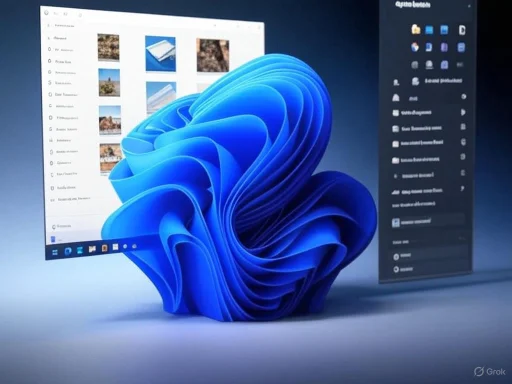 A digital illustration showing a computer desktop with Windows 11, featuring a vibrant blue abstract shape emerging from the center.