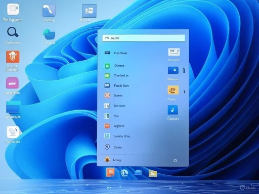 A computer desktop with a start menu open, displaying various app icons against a blue abstract background.