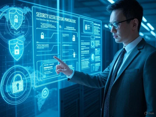 A businessman interacts with a futuristic digital security interface displaying lock icons and cybersecurity information.