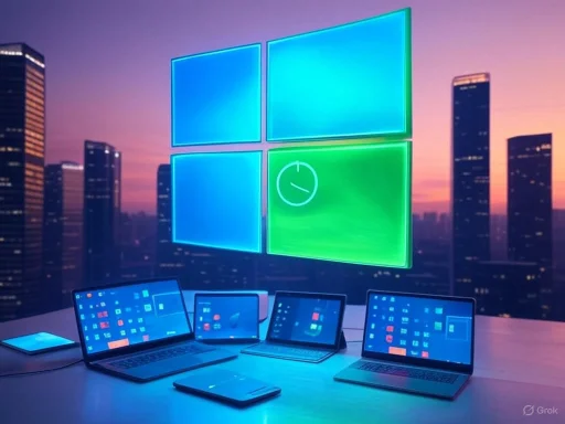 Multiple laptops and tablets display digital interfaces on a desk against a cityscape at sunset with a large illuminated Windows logo in the background.