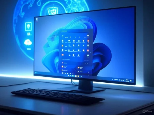 A computer monitor displays the Windows 11 desktop with a floating app window, illuminated by blue ambient LED lighting.