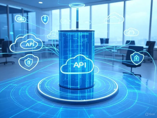 A futuristic digital illustration of cloud API technology in a modern conference room setting.