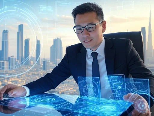 A businessman using futuristic holographic technology in a high-rise office with a city skyline background. A businessman using futuristic holographic technology in a high-rise office with a city skyline background.