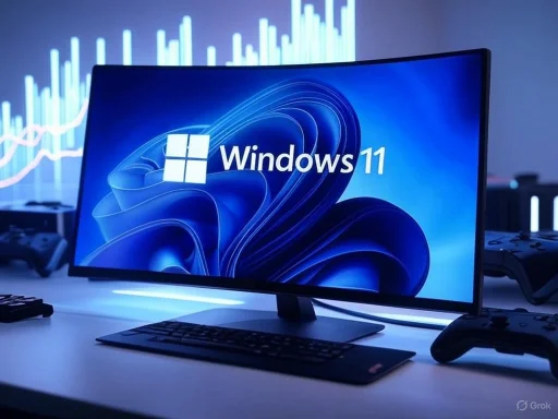 A computer monitor displays the Windows 11 logo with gaming controllers and graphs in the background. A computer monitor displays the Windows 11 logo with gaming controllers and graphs in the background.
