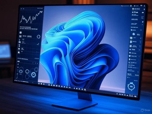 A modern computer monitor displays a blue abstract wallpaper with various data charts and icons on the sides.