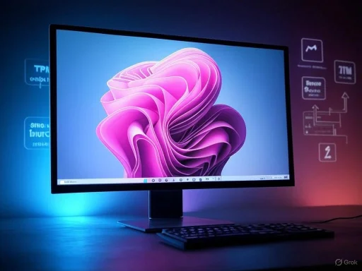 A modern computer monitor displays a colorful abstract 3D design with surrounding icons and graphs on a dark background.