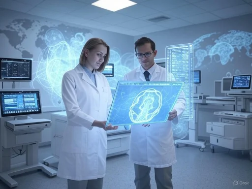 Medical researchers examining a digital brain scan in a high-tech laboratory.