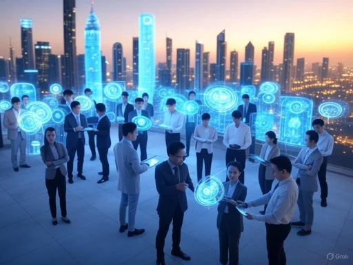 Business professionals using digital tablets with holographic cityscape and data visualizations in a futuristic skyline.
