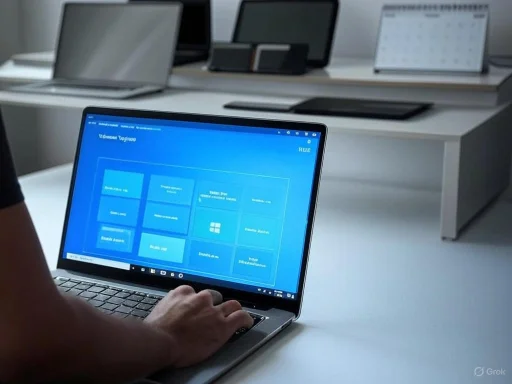 A person using a laptop in a modern office with other closed laptops and tablets on the desk. A person using a laptop in a modern office with other closed laptops and tablets on the desk.