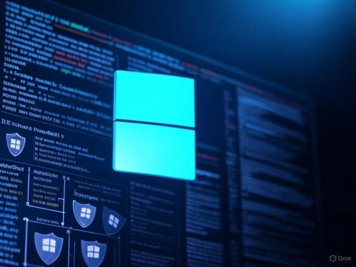 A digital screen showing the Windows logo surrounded by lines of code and security icons on a dark background.