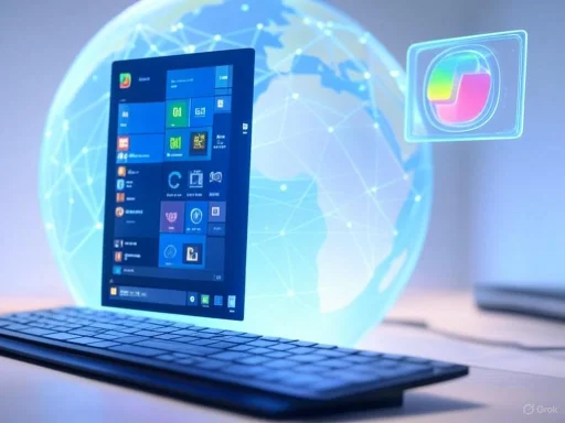 A digital hologram of a laptop, globe, and app icons floating above a keyboard symbolizes global digital connectivity.