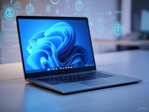 A sleek laptop with a blue abstract wallpaper on its screen, placed on a light wooden desk in a modern workspace.