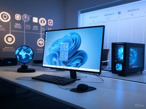 A modern computer setup with a monitor, wireless keyboard, mouse, globe, and a high-tech desktop tower.