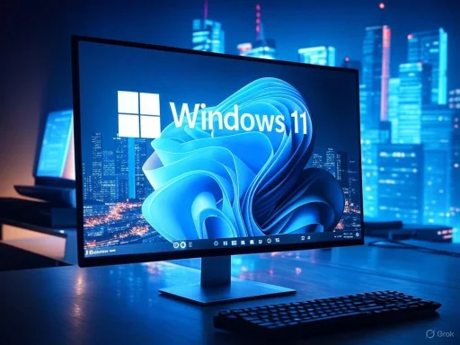 A computer monitor displays the Windows 11 logo against a cityscape background at night. A computer monitor displays the Windows 11 logo against a cityscape background at night.