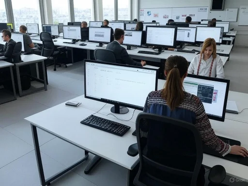 Employees work at computer desks in a modern, spacious office with large windows and multiple monitors.