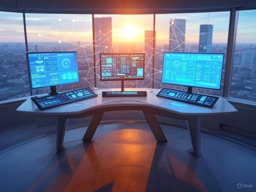 A futuristic control room with multiple monitors displaying data, overlooking a city skyline at sunset.