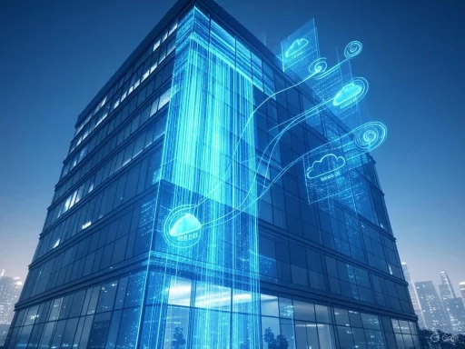 A modern glass building with digital cloud computing and data transfer graphics projected on its facade.