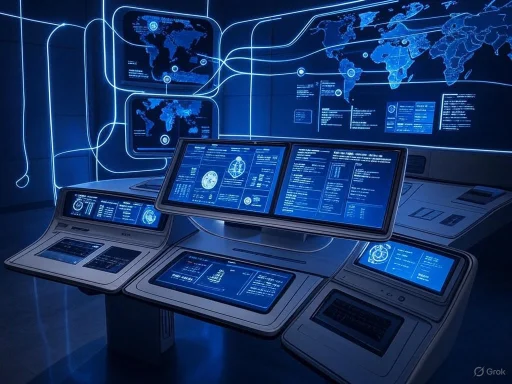 A high-tech command center with multiple digital screens displaying world maps and data in a glowing blue interface.