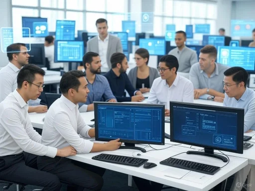 A diverse group of professionals work together in a high-tech office with multiple monitors and advanced digital interfaces. A diverse group of professionals work together in a high-tech office with multiple monitors and advanced digital interfaces.