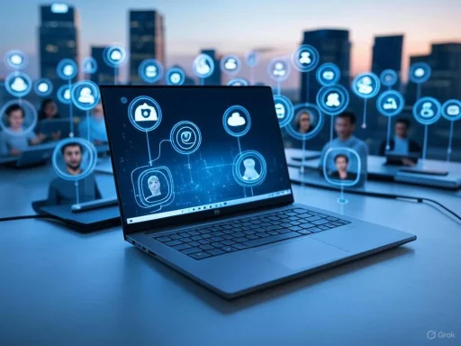 A laptop displaying digital icons related to cloud computing, AI, and user profiles, surrounded by people in a cityscape background.