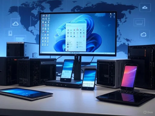 A tech workspace with multiple computers, smartphones, and servers in front of a digital world map backdrop.