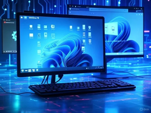 Two computer monitors display the Windows 11 desktop against a futuristic, neon-lit digital background.