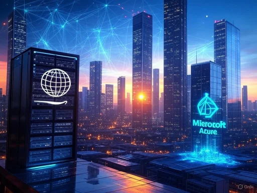 A futuristic cityscape with digital cloud infrastructure and holographic Microsoft Azure logo at sunset.