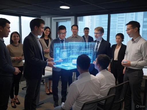 Team members analyze a futuristic holographic digital model displayed during a high-tech business meeting.