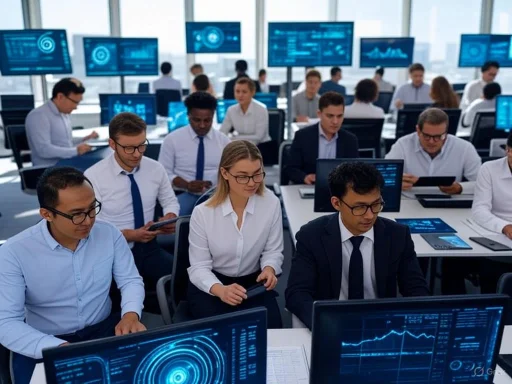 A group of professionals working with multiple computer screens displaying data and analytics in a modern office.
