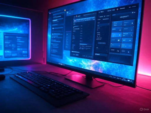 Two monitors display a futuristic digital interface with vibrant blue and pink lighting effects.