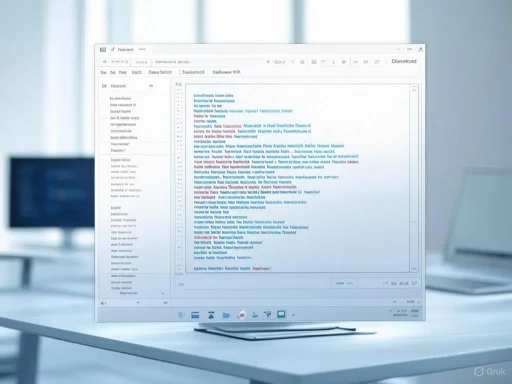A computer monitor displaying a transcript or text document on a desk in an office environment.