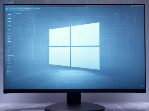 A computer monitor displaying the Windows logo and a digital interface with technical graphics.