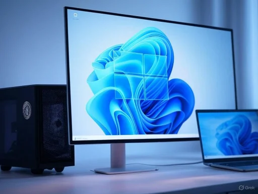 A desktop setup featuring a large monitor, a laptop, and a computer tower on a white desk.