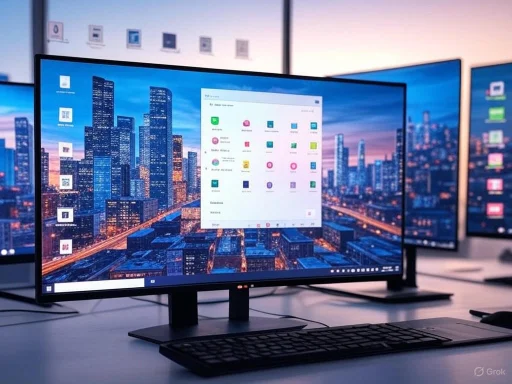 Multiple monitors display a cityscape with a digital desktop background and various app icons.